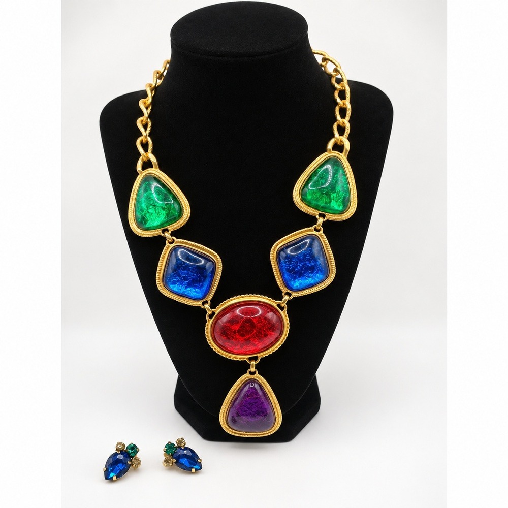 Vintage Style Chunky Gold Tone Jewel Tone Multi Color Resin Statement Set